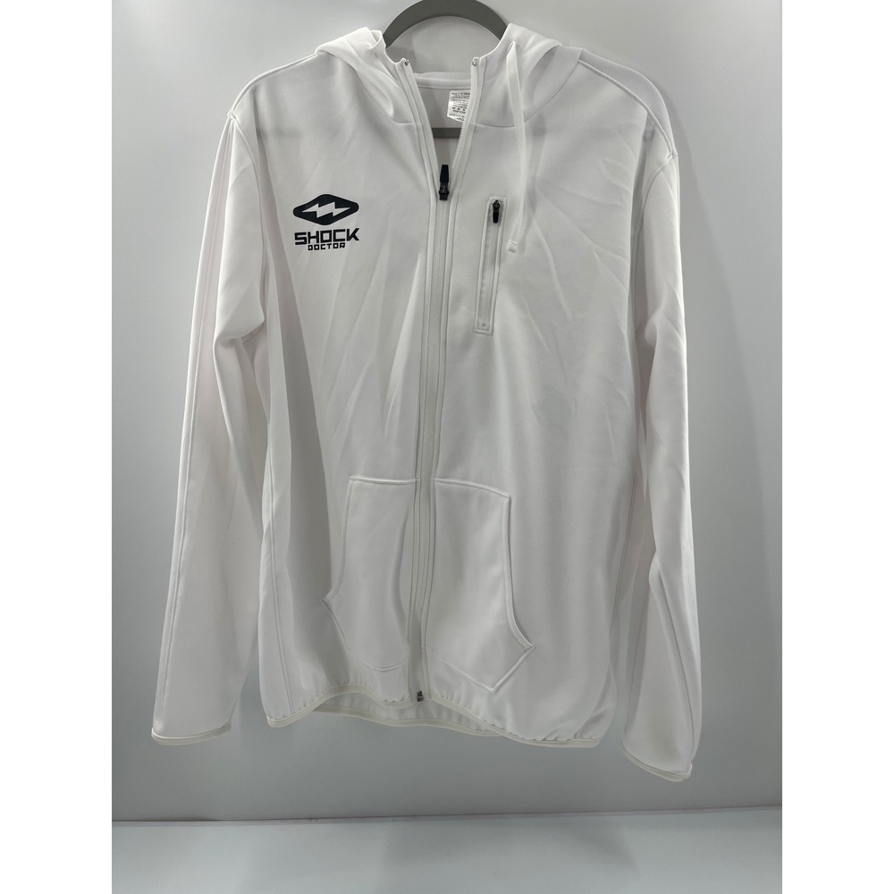 Shock Doctor Mens White Full Zip Hooded Sweatshirt Large Logo Performance Hoodie